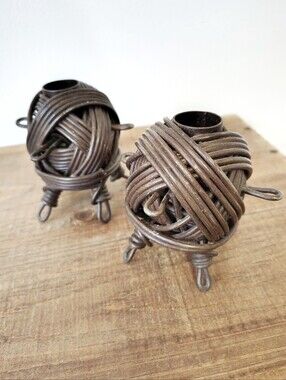 Bronze Colored Heavy Knotted Metal Wire Candle Holder Pair